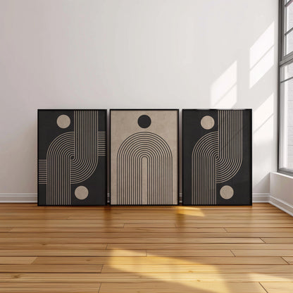 Neutral Abstract Wall Art Set, Mid-Century Triptych Prints with Organic Geometric Shapes, Beige and Black Minimalist Decor for Boho Room B75