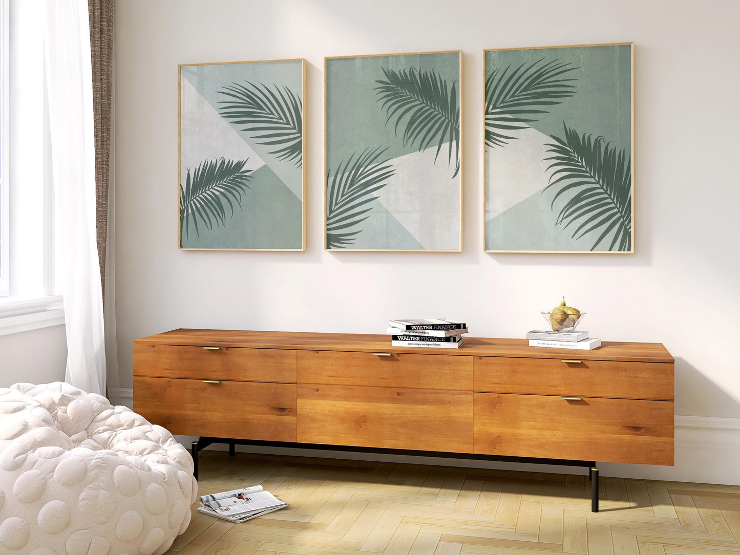 Palm Leaf Wall Art Set of 3 – Green Botanical Prints for Modern Living Room, Bedroom or Kitchen – Tropical Decor B058