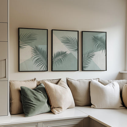 Palm Leaf Wall Art Set of 3 – Green Botanical Prints for Modern Living Room, Bedroom or Kitchen – Tropical Decor B058