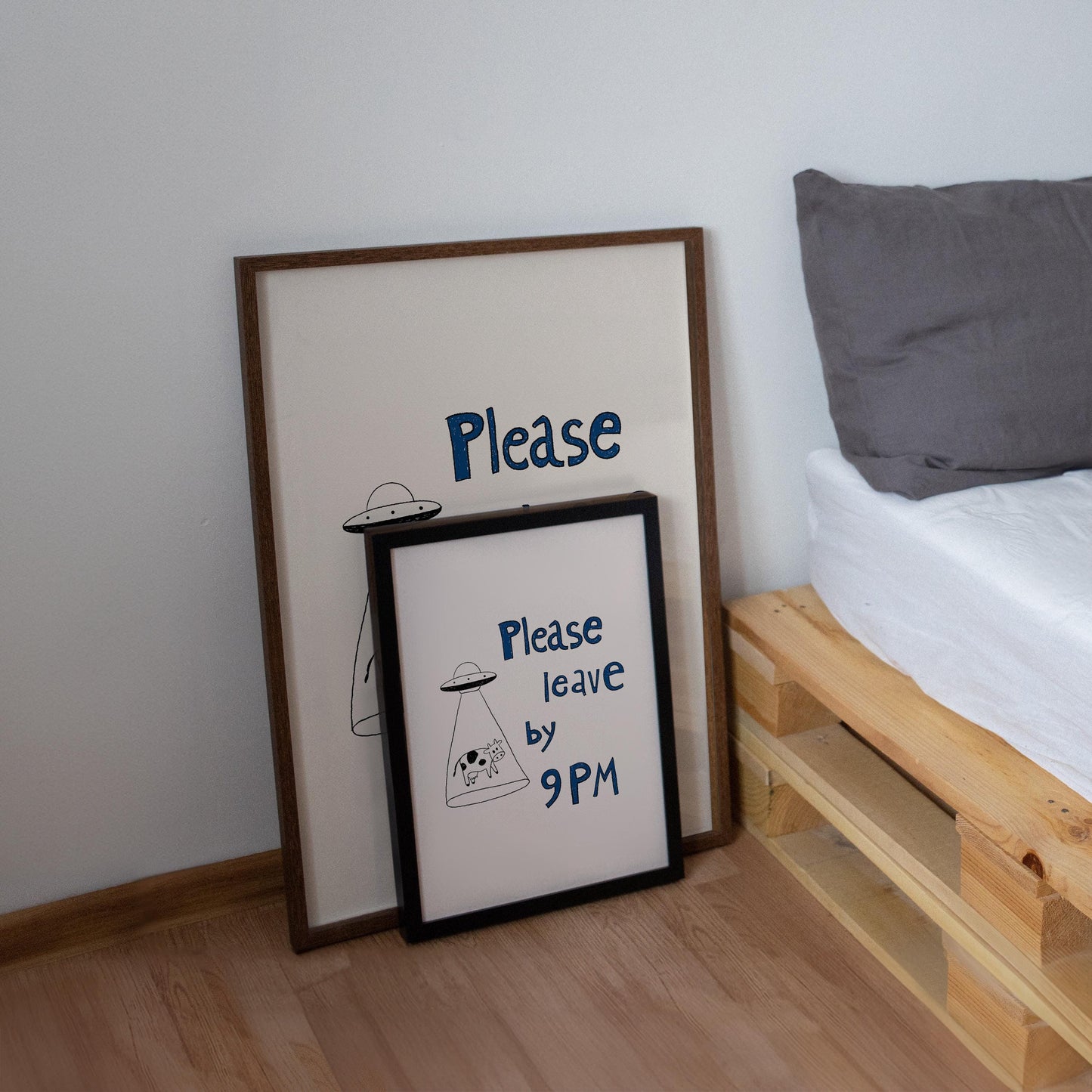 Please Leave by 9PM Poster – UFO Cow Art Print, Quirky Home Decor MR29