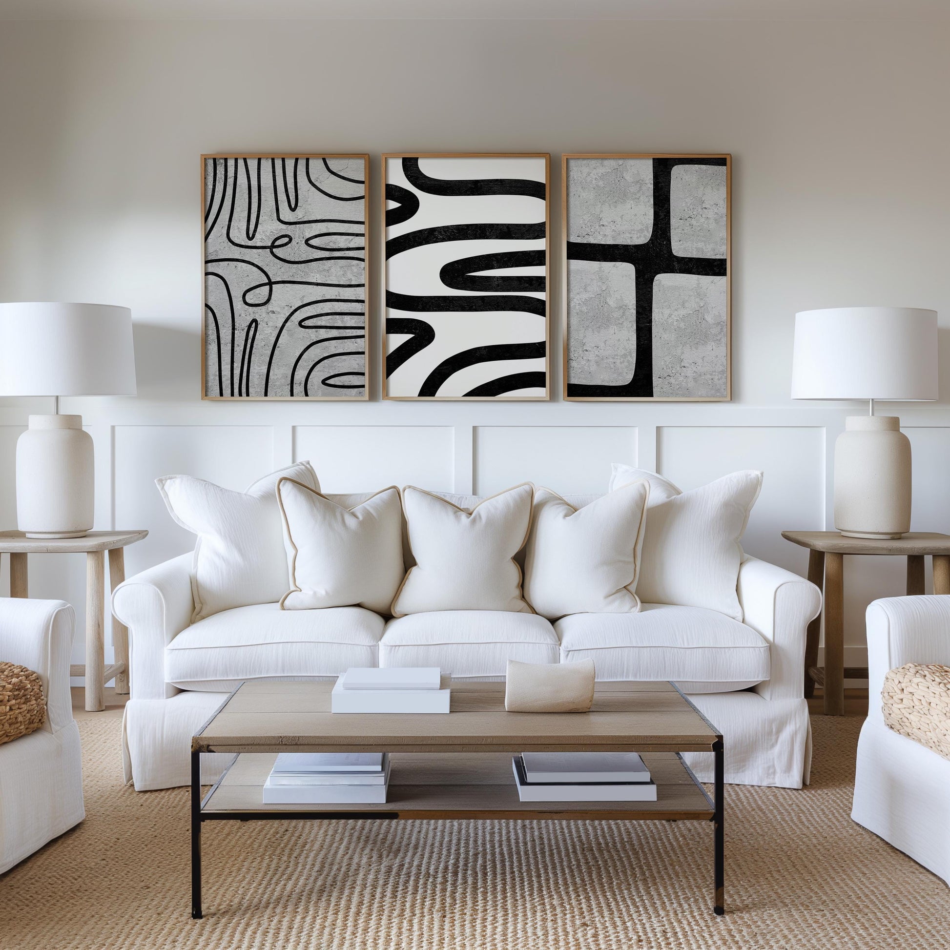 Modern Abstract Wall Art Set – Black Line Art Prints for Living Room or Boho Decor, Scandinavian Fine Art Poster Trio for Gallery Wall B076