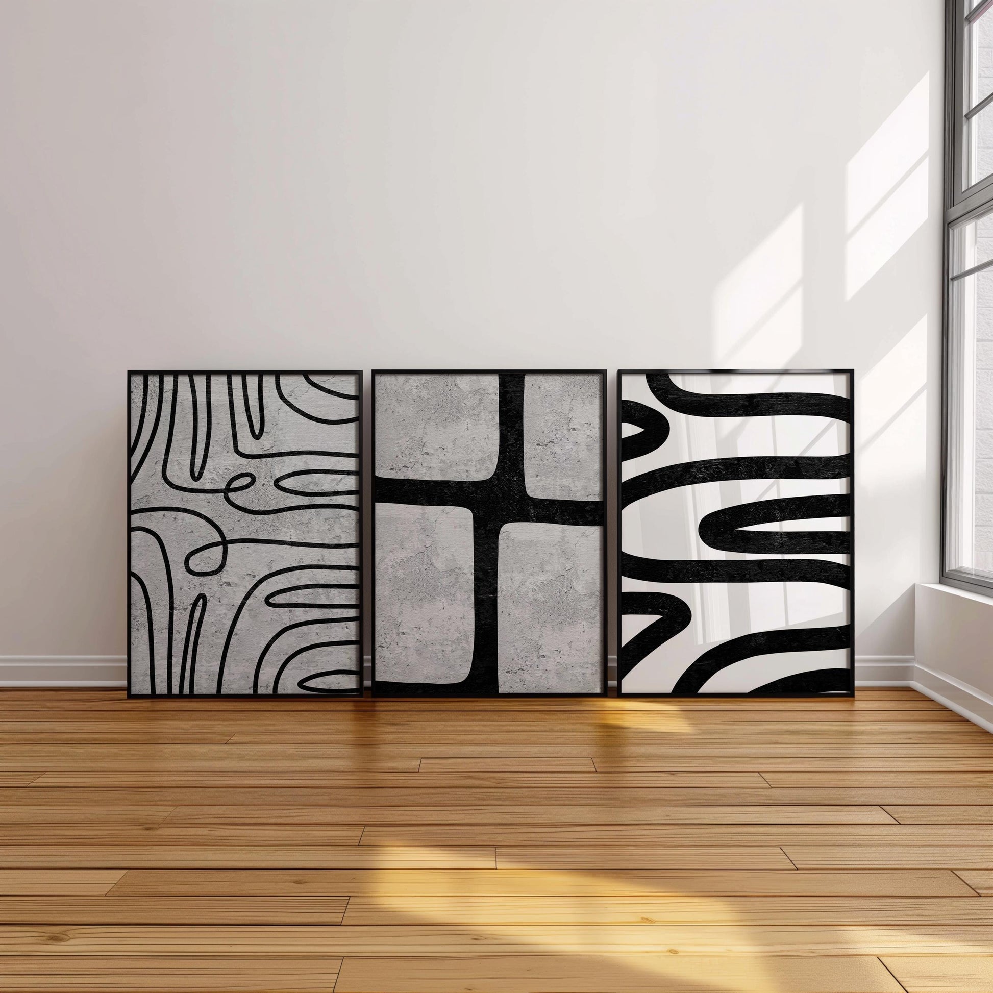 Modern Abstract Wall Art Set – Black Line Art Prints for Living Room or Boho Decor, Scandinavian Fine Art Poster Trio for Gallery Wall B076