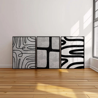 Modern Abstract Wall Art Set – Black Line Art Prints for Living Room or Boho Decor, Scandinavian Fine Art Poster Trio for Gallery Wall B076