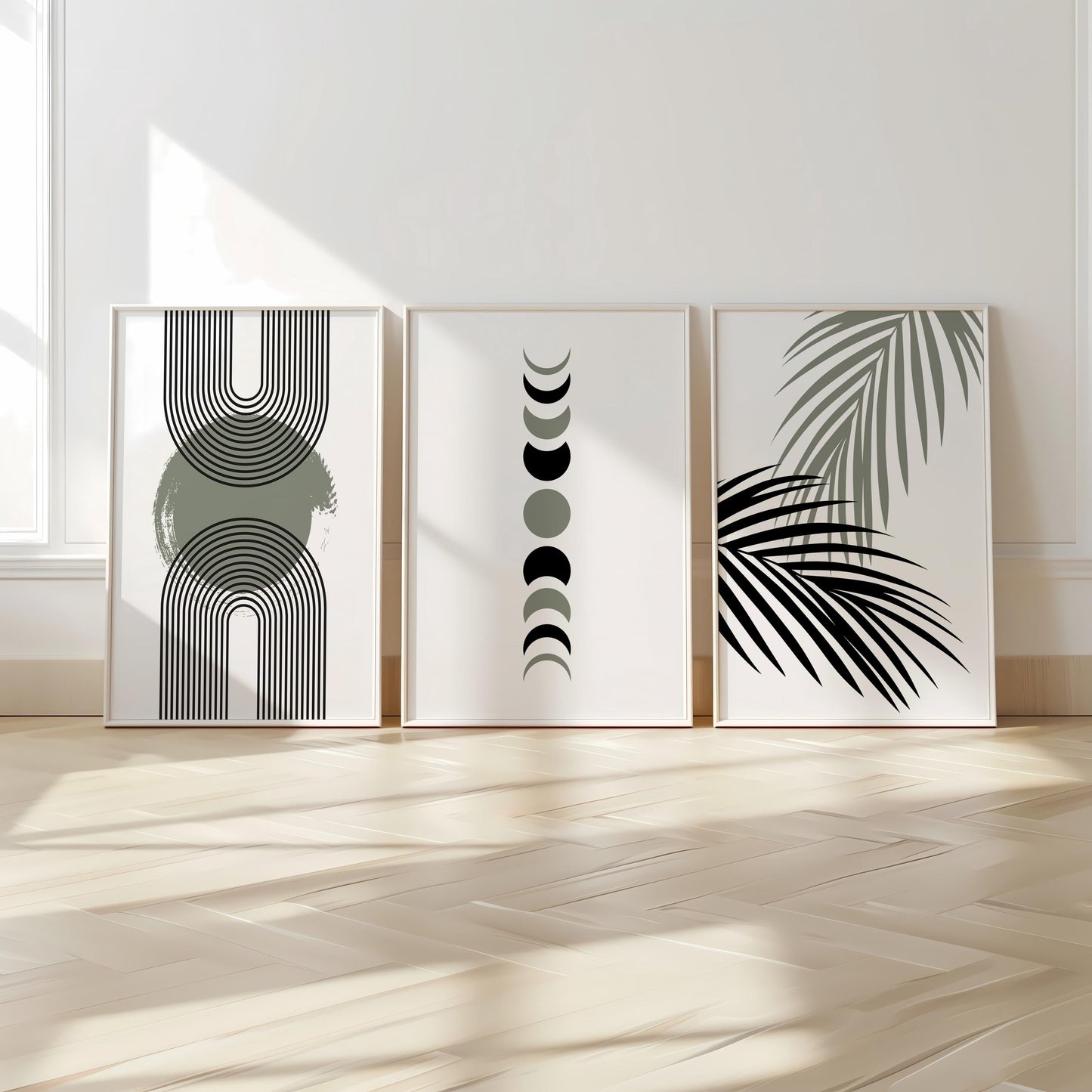 Neutral Boho Wall Art Set of 3: Geometric Arches, Moon Phases & Palm Leaf Prints, Modern Minimalist Decor for Living Room B060