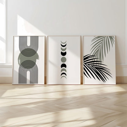 Neutral Boho Wall Art Set of 3: Geometric Arches, Moon Phases & Palm Leaf Prints, Modern Minimalist Decor for Living Room B060