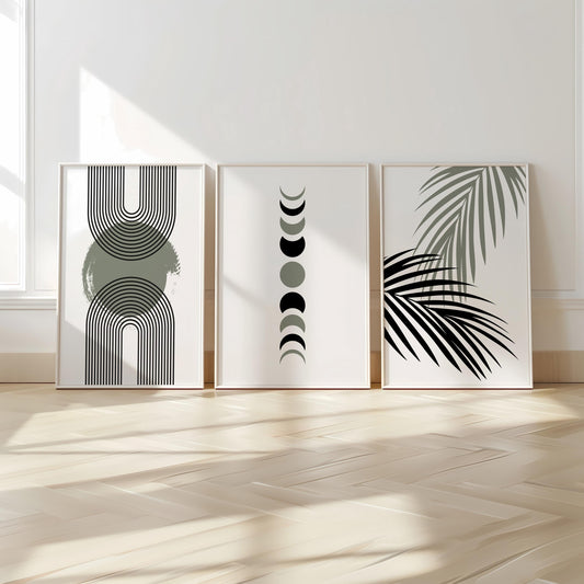 Neutral Boho Wall Art Set of 3: Geometric Arches, Moon Phases & Palm Leaf Prints, Modern Minimalist Decor for Living Room B060
