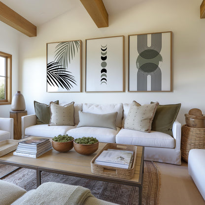 Neutral Boho Wall Art Set of 3: Geometric Arches, Moon Phases & Palm Leaf Prints, Modern Minimalist Decor for Living Room B060