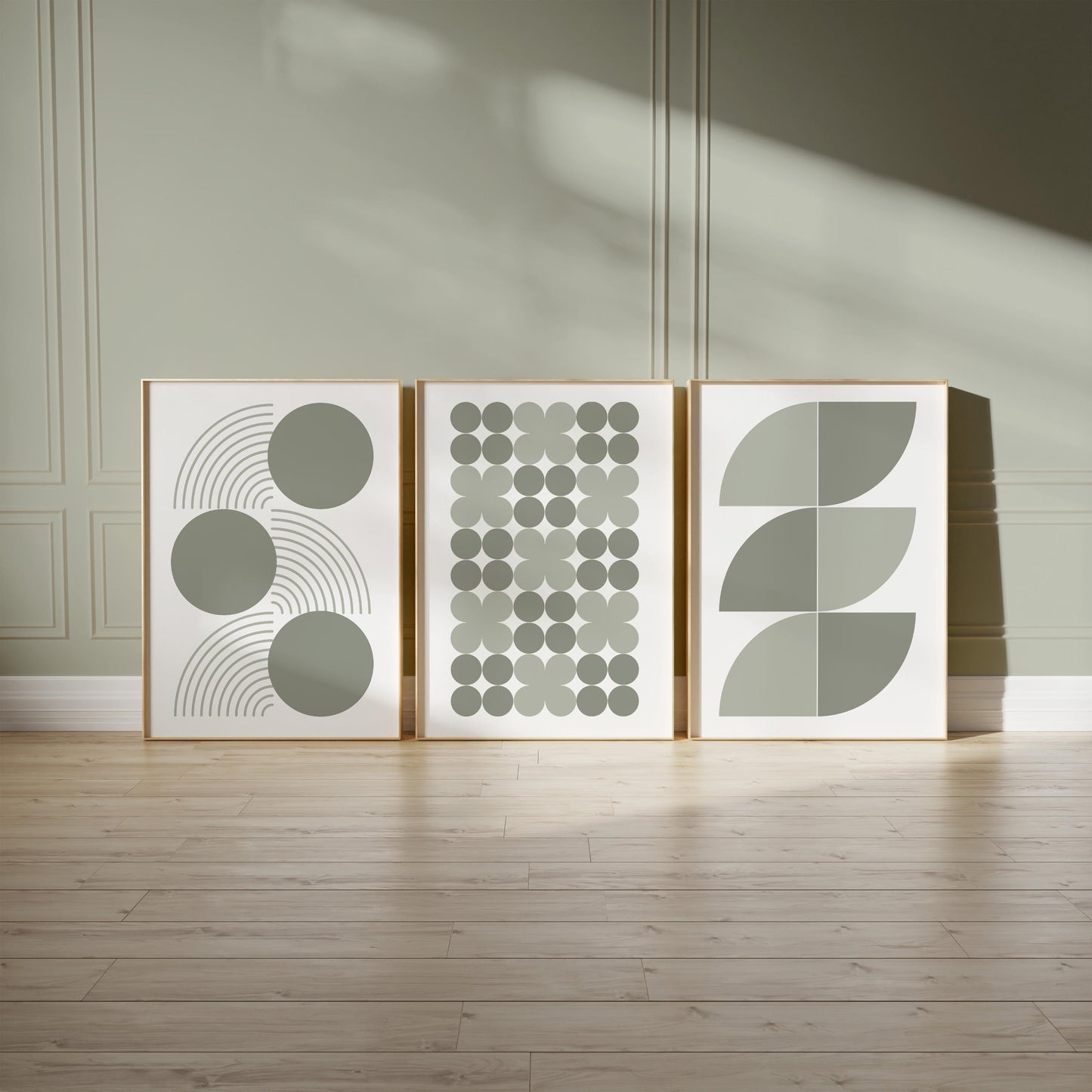 Sage Green Geometric Wall Art Prints — Set of 3 Minimalist Boho Decor, Neutral Mid Century Modern Gallery B061