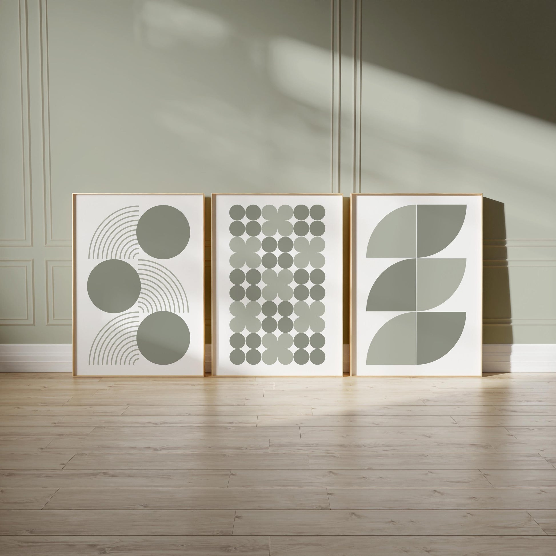 Sage Green Geometric Wall Art Prints — Set of 3 Minimalist Boho Decor, Neutral Mid Century Modern Gallery B061