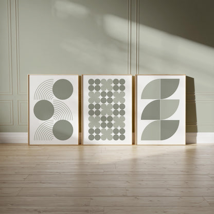 Sage Green Geometric Wall Art Prints — Set of 3 Minimalist Boho Decor, Neutral Mid Century Modern Gallery B061