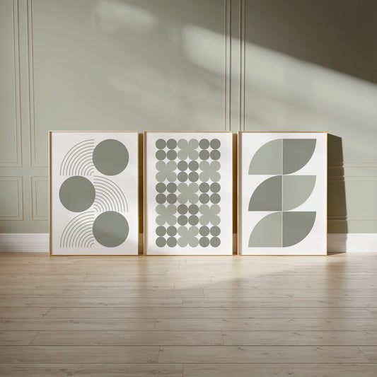 Sage Green Geometric Wall Art Prints — Set of 3 Minimalist Boho Decor, Neutral Mid Century Modern Gallery B061