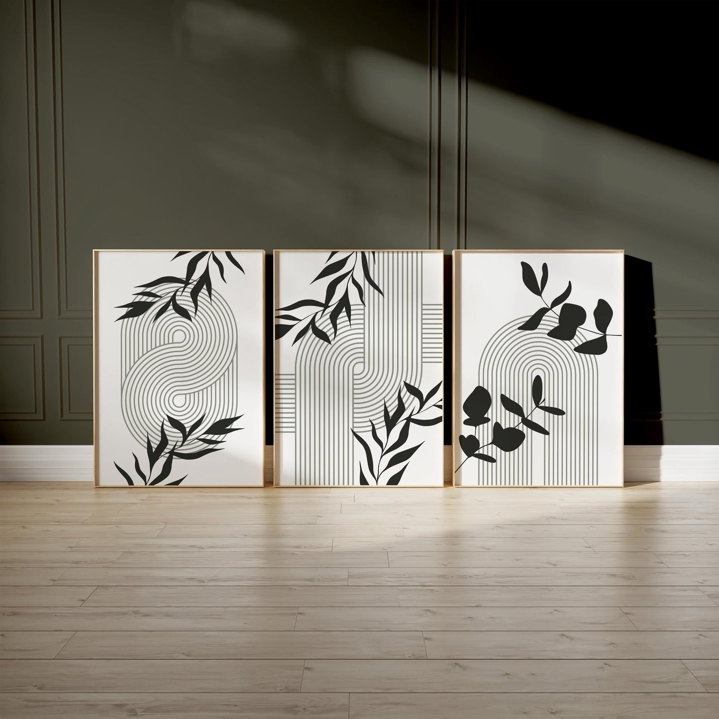 Geometric Botanical Wall Art – Olive Green Mid Century Prints, Black White Boho Decor for Living Room or Bedroom B062
