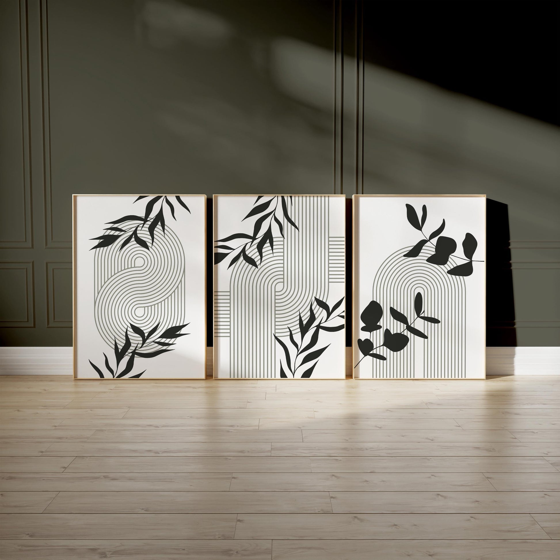 Geometric Botanical Wall Art – Olive Green Mid Century Prints, Black White Boho Decor for Living Room or Bedroom B062