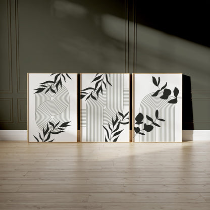 Geometric Botanical Wall Art – Olive Green Mid Century Prints, Black White Boho Decor for Living Room or Bedroom B062