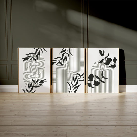 Geometric Botanical Wall Art – Olive Green Mid Century Prints, Black White Boho Decor for Living Room or Bedroom B062