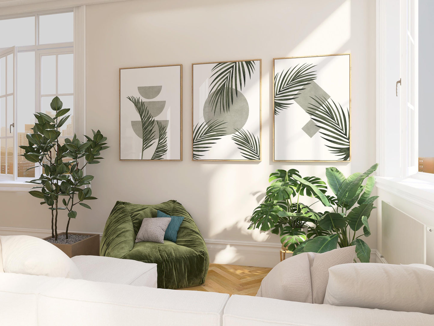 Green Botanical Wall Art Prints – Unframed Minimalist Palm Leaf Poster Set of 3 for Zen Decor, Living Room or Entryway B063