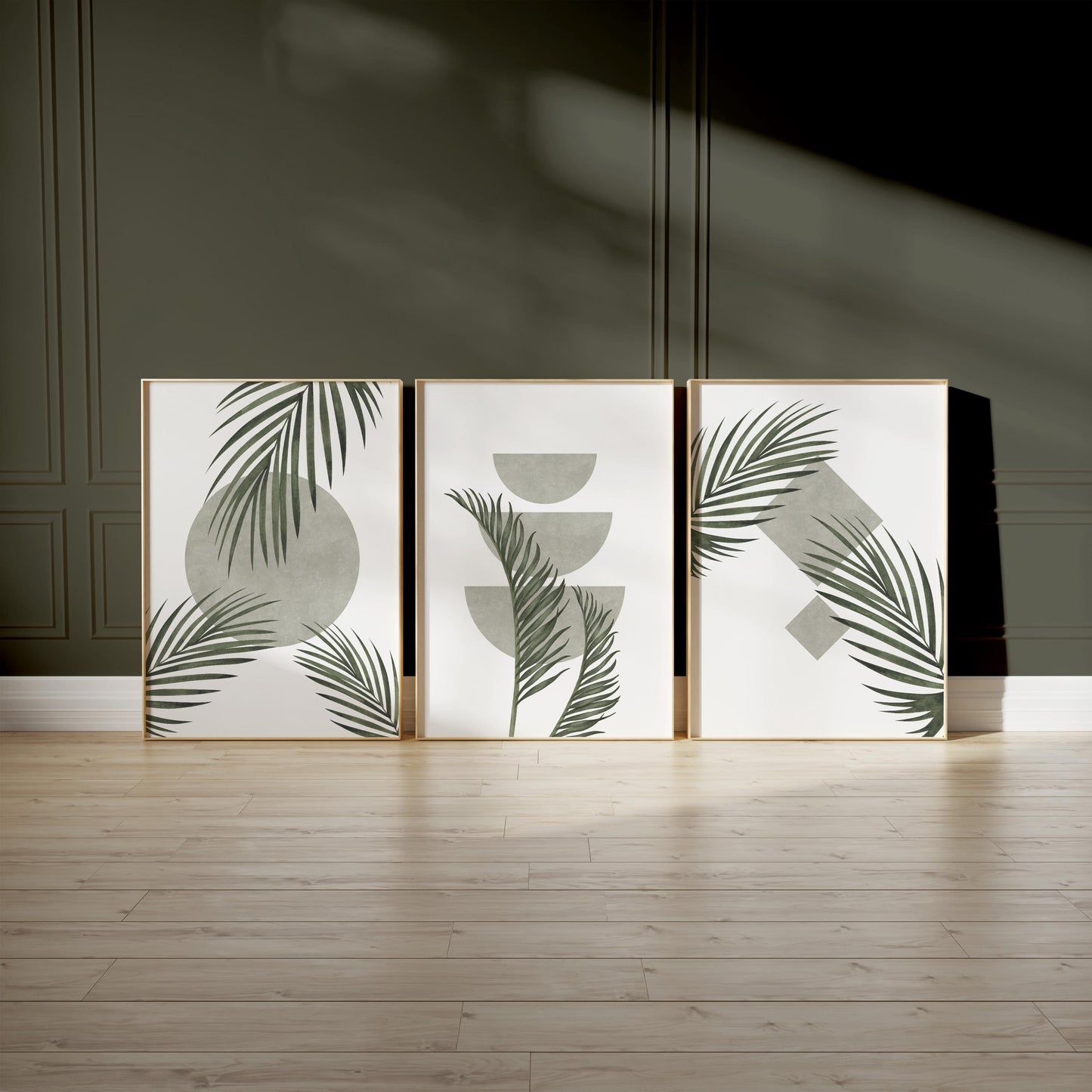 Green Botanical Wall Art Prints – Unframed Minimalist Palm Leaf Poster Set of 3 for Zen Decor, Living Room or Entryway B063