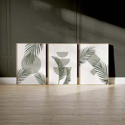 Green Botanical Wall Art Prints – Unframed Minimalist Palm Leaf Poster Set of 3 for Zen Decor, Living Room or Entryway B063
