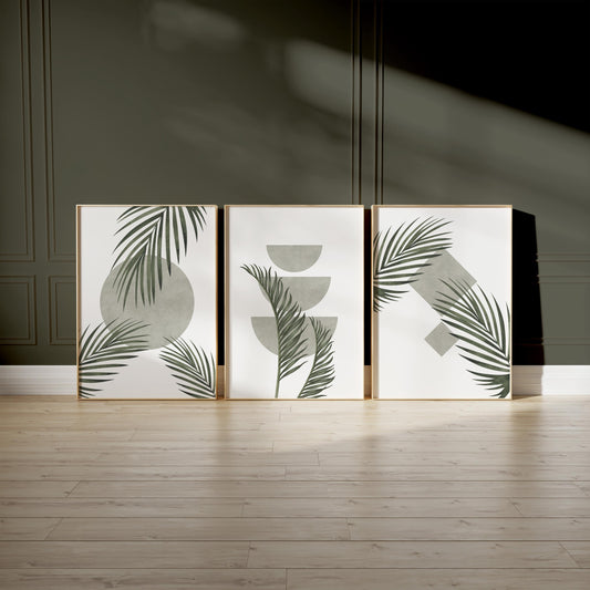 Green Botanical Wall Art Prints – Unframed Minimalist Palm Leaf Poster Set of 3 for Zen Decor, Living Room or Entryway B063