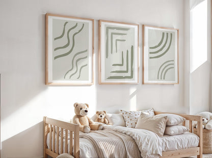 Sage Green Minimalist Wall Art Set of 3 – Scandinavian Abstract Line Prints for Neutral Gallery Decor B064