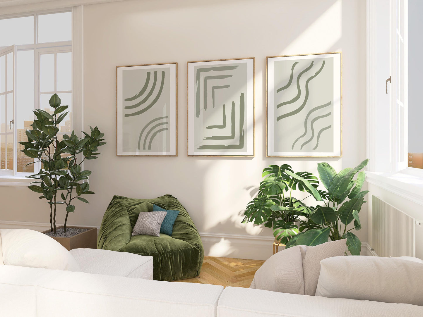 Sage Green Minimalist Wall Art Set of 3 – Scandinavian Abstract Line Prints for Neutral Gallery Decor B064