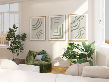 Sage Green Minimalist Wall Art Set of 3 – Scandinavian Abstract Line Prints for Neutral Gallery Decor B064