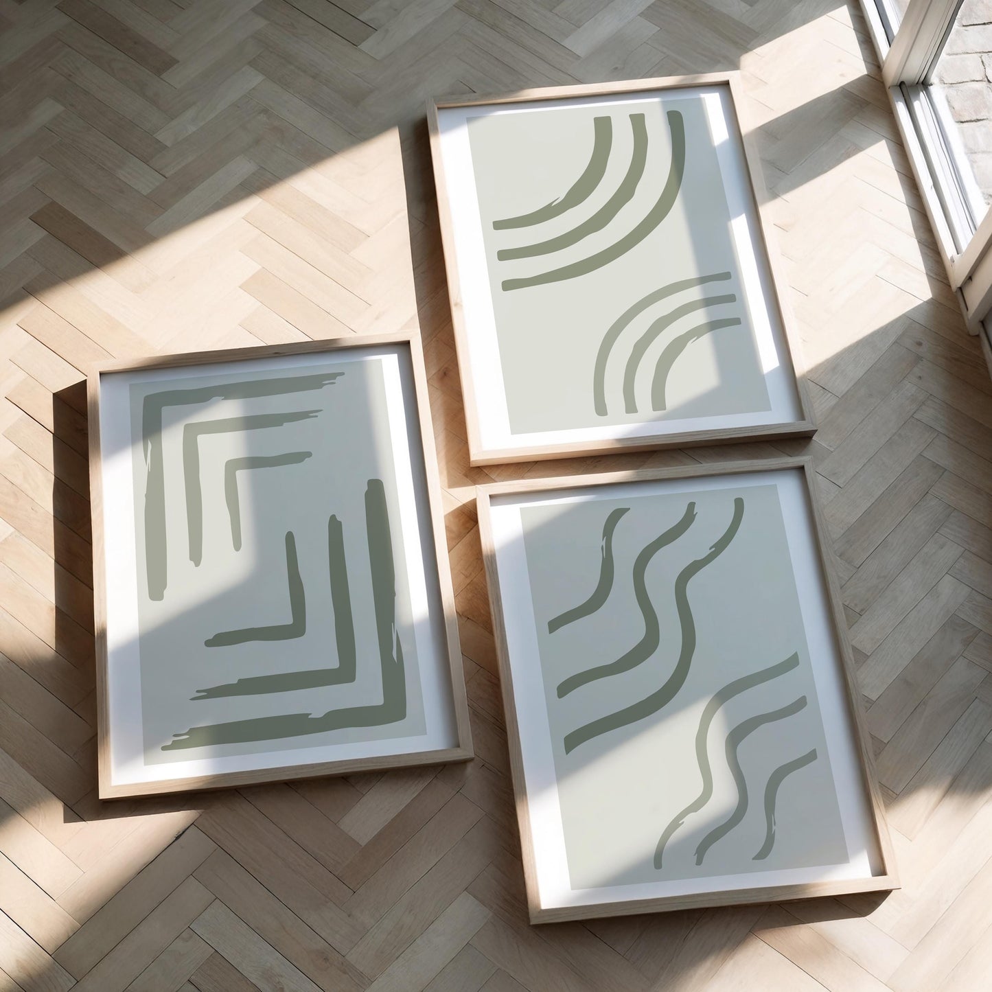 Sage Green Minimalist Wall Art Set of 3 – Scandinavian Abstract Line Prints for Neutral Gallery Decor B064