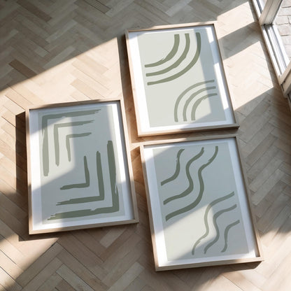 Sage Green Minimalist Wall Art Set of 3 – Scandinavian Abstract Line Prints for Neutral Gallery Decor B064