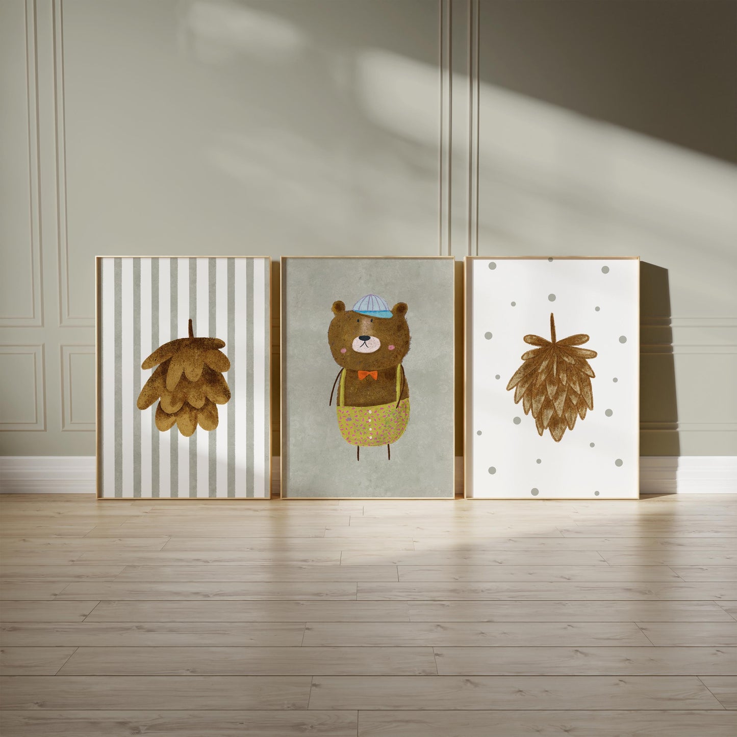 Woodland Bear Nursery Art – Set of 3 Boho Forest Prints (Physical Paper) N202