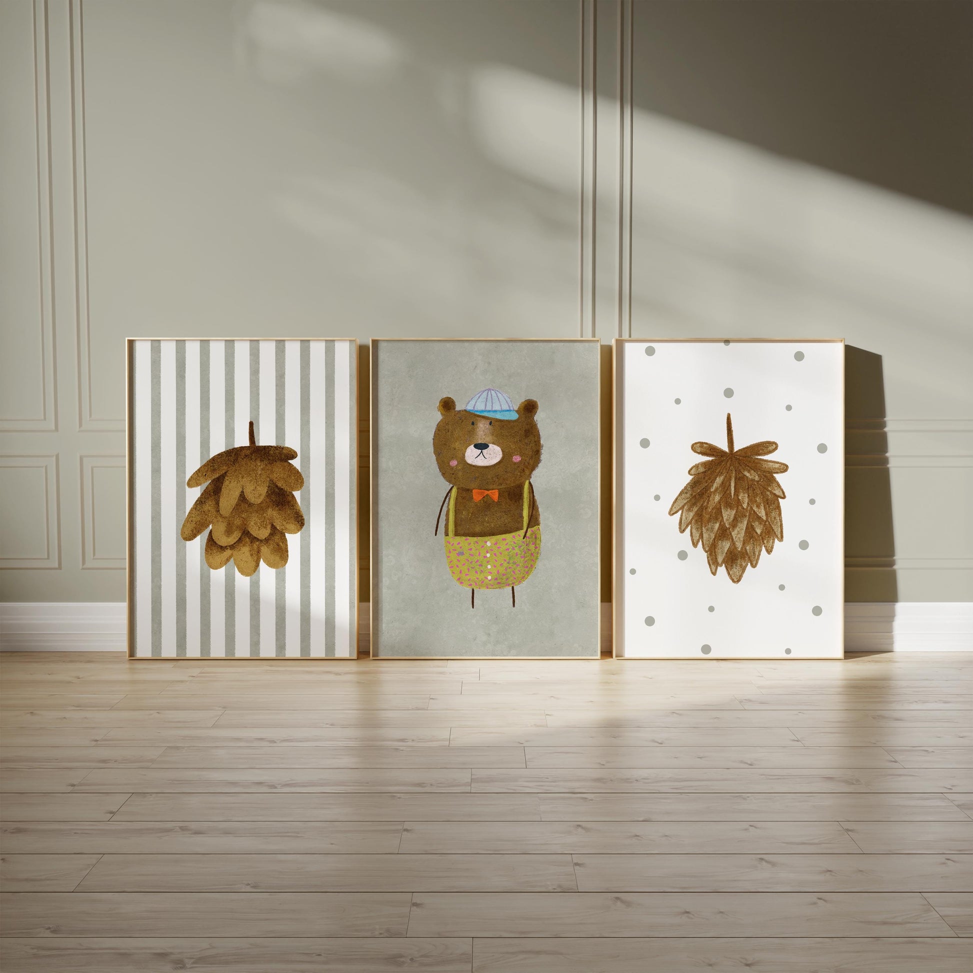 Woodland Bear Nursery Art – Set of 3 Boho Forest Prints (Physical Paper) N202