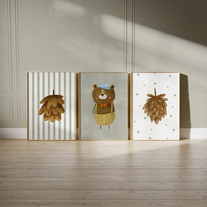 Woodland Bear Nursery Art – Set of 3 Boho Forest Prints (Physical Paper) N202