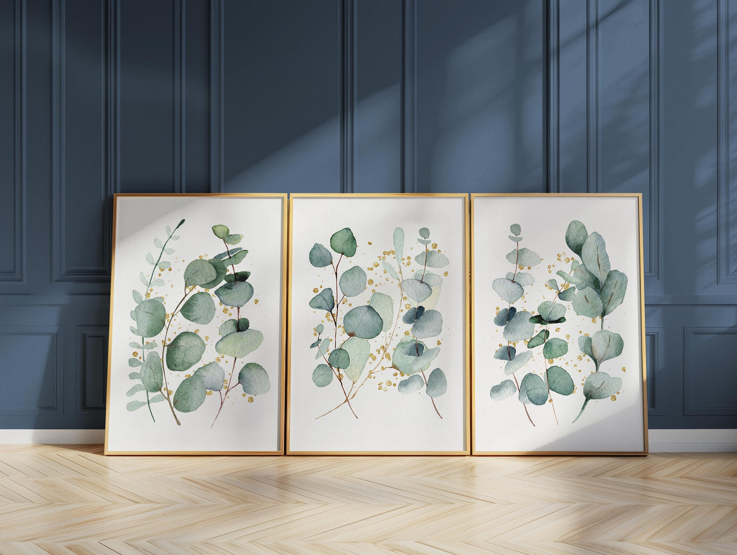 Eucalyptus Wall Art Set of 3: Gold Accent Botanical Prints F3
