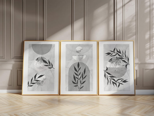 Japandi Wall Art Set of 3 – Abstract Botanical and Arch Prints | Neutral Line Art Posters for Bedroom or Living Room, Minimal Boho Decor B31