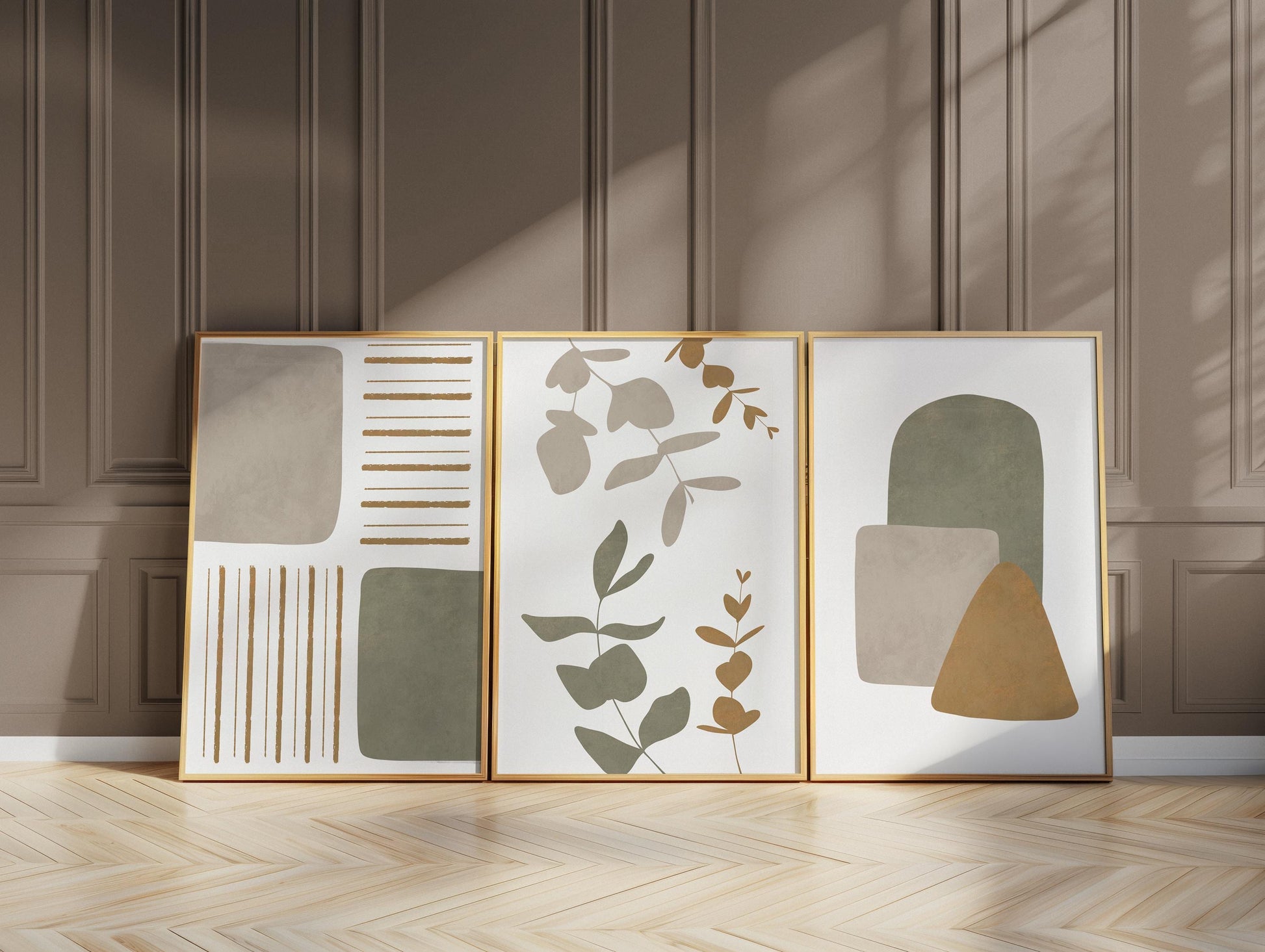 Boho Abstract Wall Art Set of 3 – Neutral Botanical Prints – Earthy Japandi Decor – Minimalist Geometric Posters – Modern Home Print B34