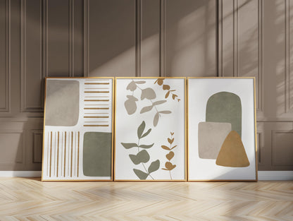 Boho Abstract Wall Art Set of 3 – Neutral Botanical Prints – Earthy Japandi Decor – Minimalist Geometric Posters – Modern Home Print B34