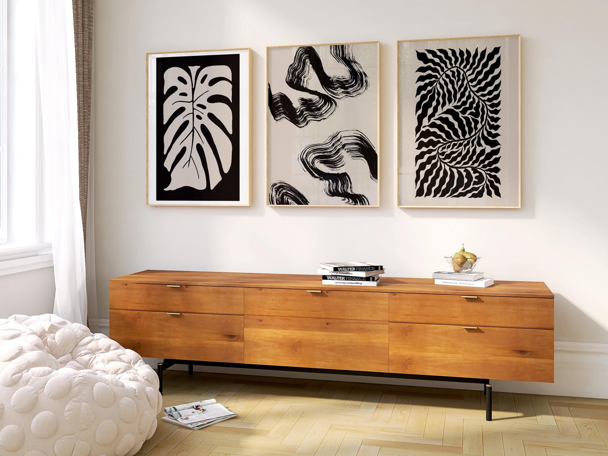 Modern Abstract Botanical Prints for Neutral Gallery Wall – Set of 3 Unframed Beige & Black Line Art for Living Room Decor B066