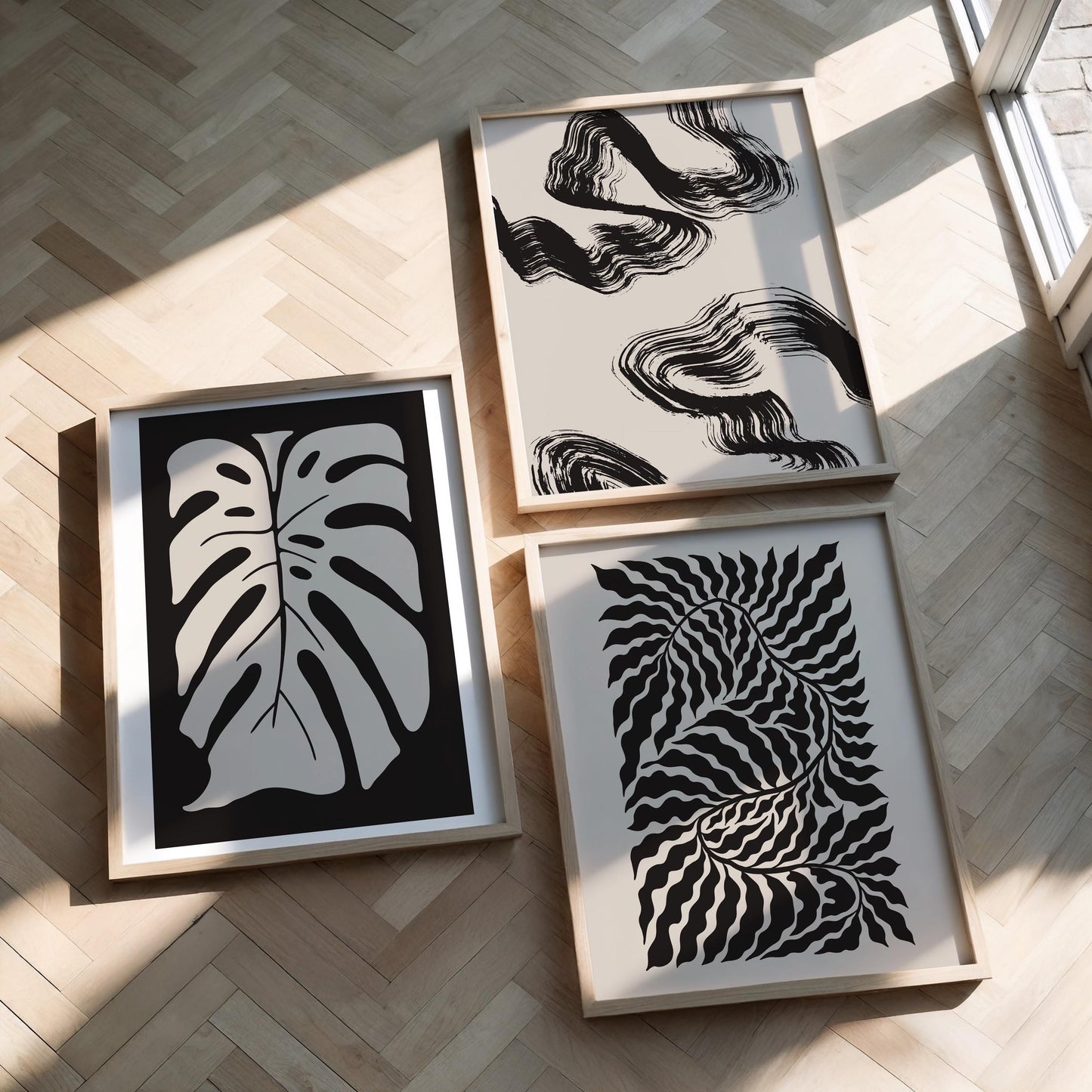 Modern Abstract Botanical Prints for Neutral Gallery Wall – Set of 3 Unframed Beige & Black Line Art for Living Room Decor B066