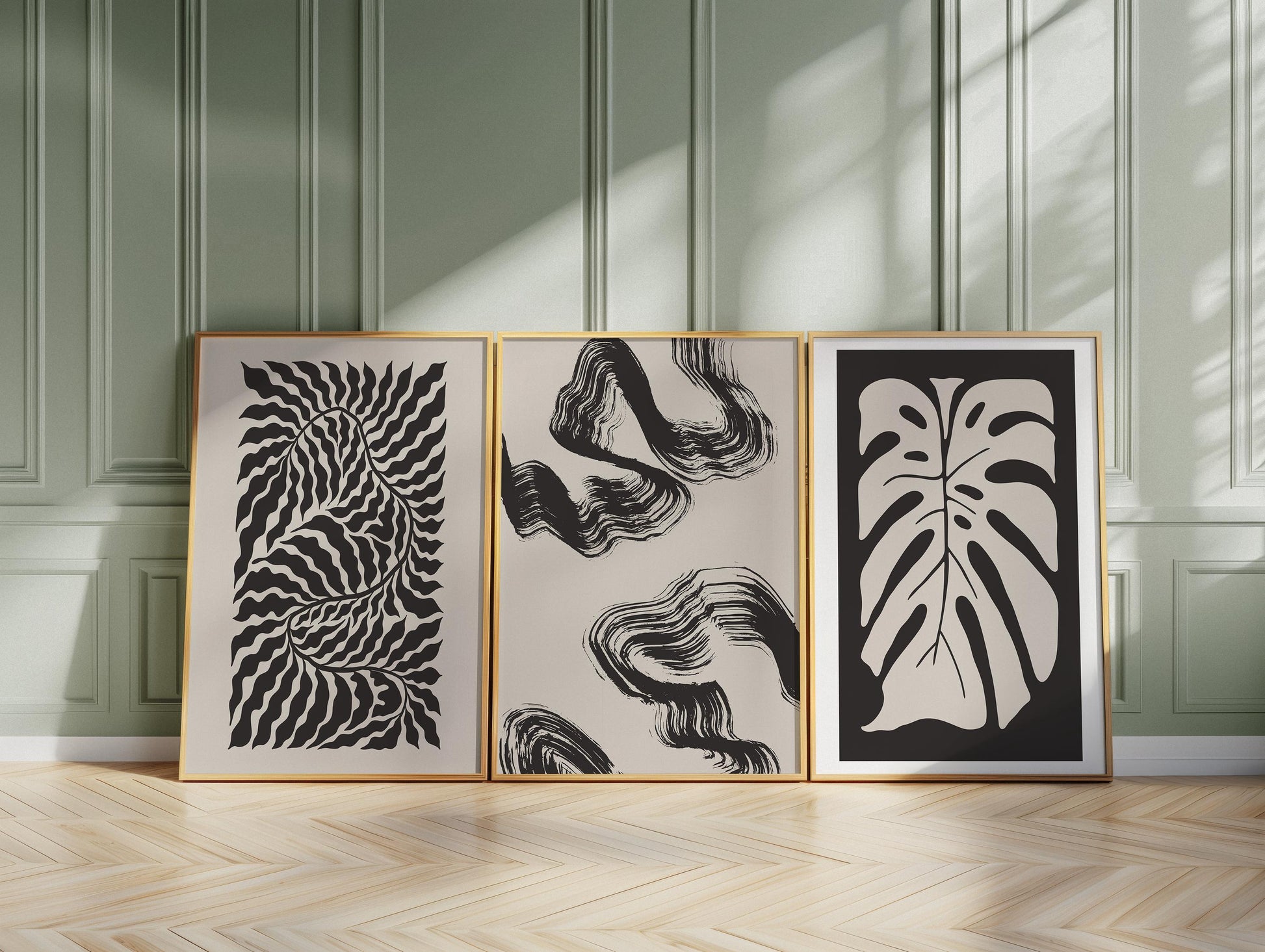 Modern Abstract Botanical Prints for Neutral Gallery Wall – Set of 3 Unframed Beige & Black Line Art for Living Room Decor B066