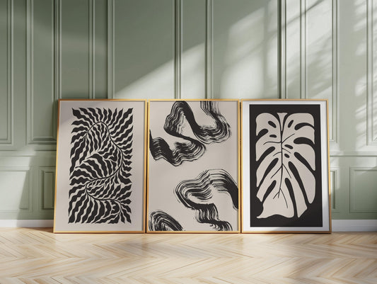 Modern Abstract Botanical Prints for Neutral Gallery Wall – Set of 3 Unframed Beige & Black Line Art for Living Room Decor B066