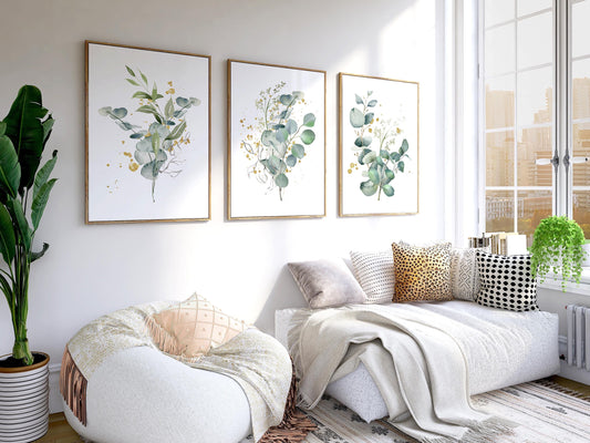 Eucalyptus Wall Art Prints – Gold Accent Botanical Decor, Minimalist Watercolor Green Plant, Scandinavian Home Set F1