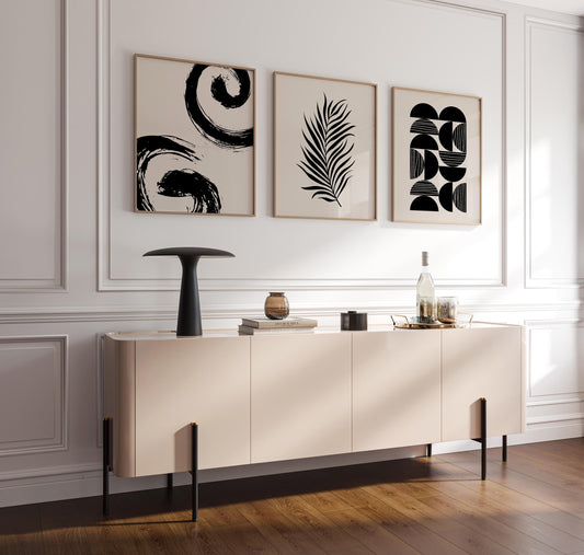 Minimalist Japandi Wall Art Set of 3 – Black and White Unframed Prints, Palm Leaf, Geometric, Abstract Home Decor B067