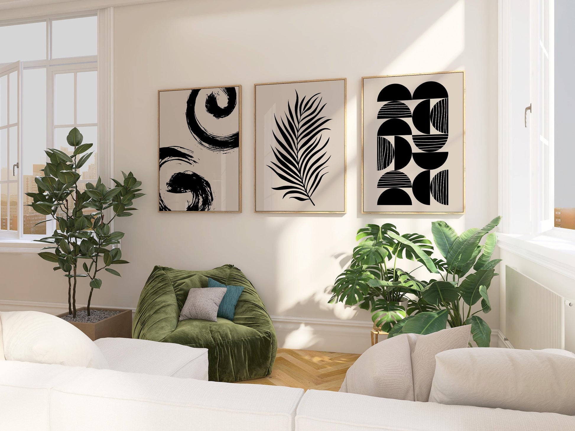 Minimalist Japandi Wall Art Set of 3 – Black and White Unframed Prints, Palm Leaf, Geometric, Abstract Home Decor B067