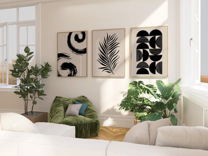 Minimalist Japandi Wall Art Set of 3 – Black and White Unframed Prints, Palm Leaf, Geometric, Abstract Home Decor B067