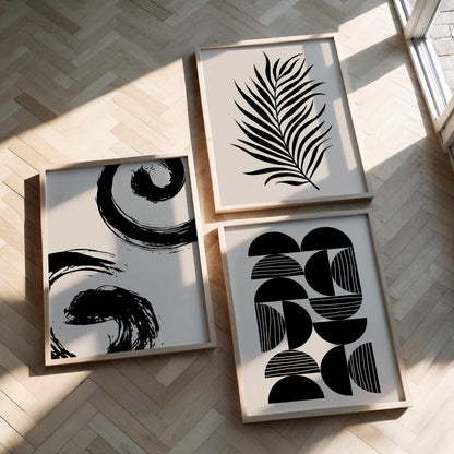 Minimalist Japandi Wall Art Set of 3 – Black and White Unframed Prints, Palm Leaf, Geometric, Abstract Home Decor B067