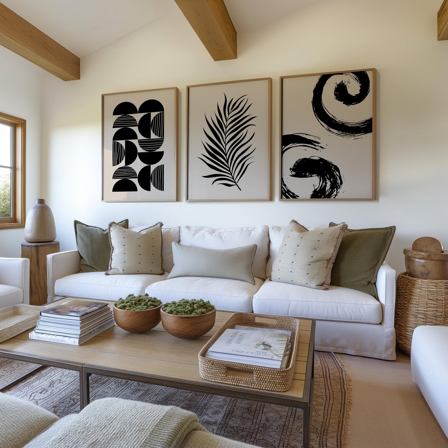 Minimalist Japandi Wall Art Set of 3 – Black and White Unframed Prints, Palm Leaf, Geometric, Abstract Home Decor B067
