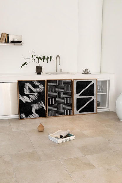 Monochrome Abstract Wall Art Trio, Modern Geometric Prints for Japandi or Scandinavian Decor, Neutral Posters for Apartment Gallery Wall B77