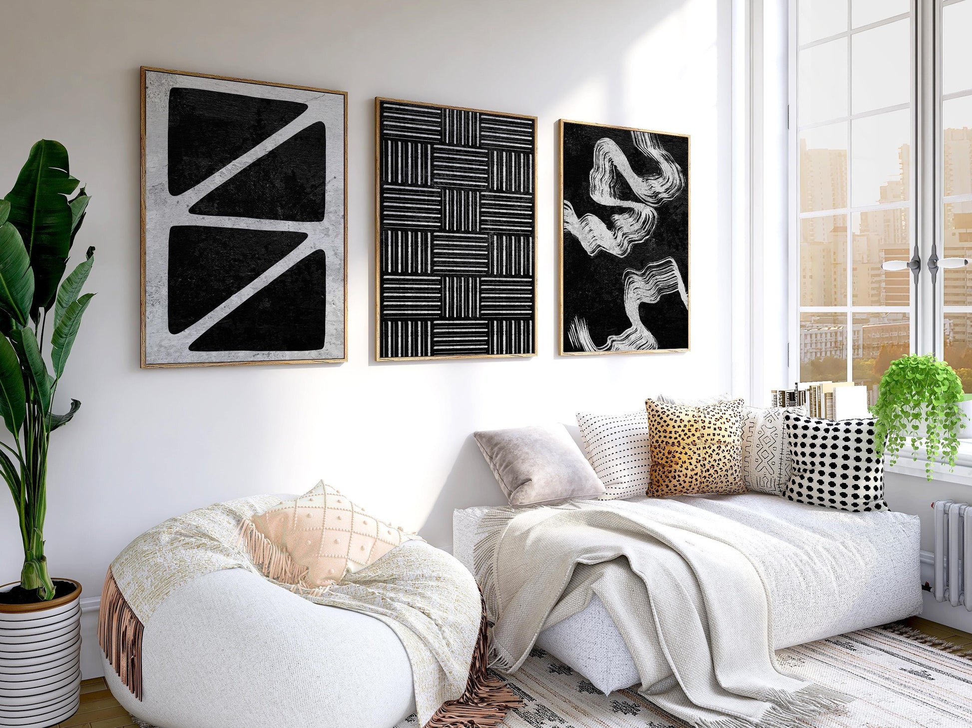 Monochrome Abstract Wall Art Trio, Modern Geometric Prints for Japandi or Scandinavian Decor, Neutral Posters for Apartment Gallery Wall B77