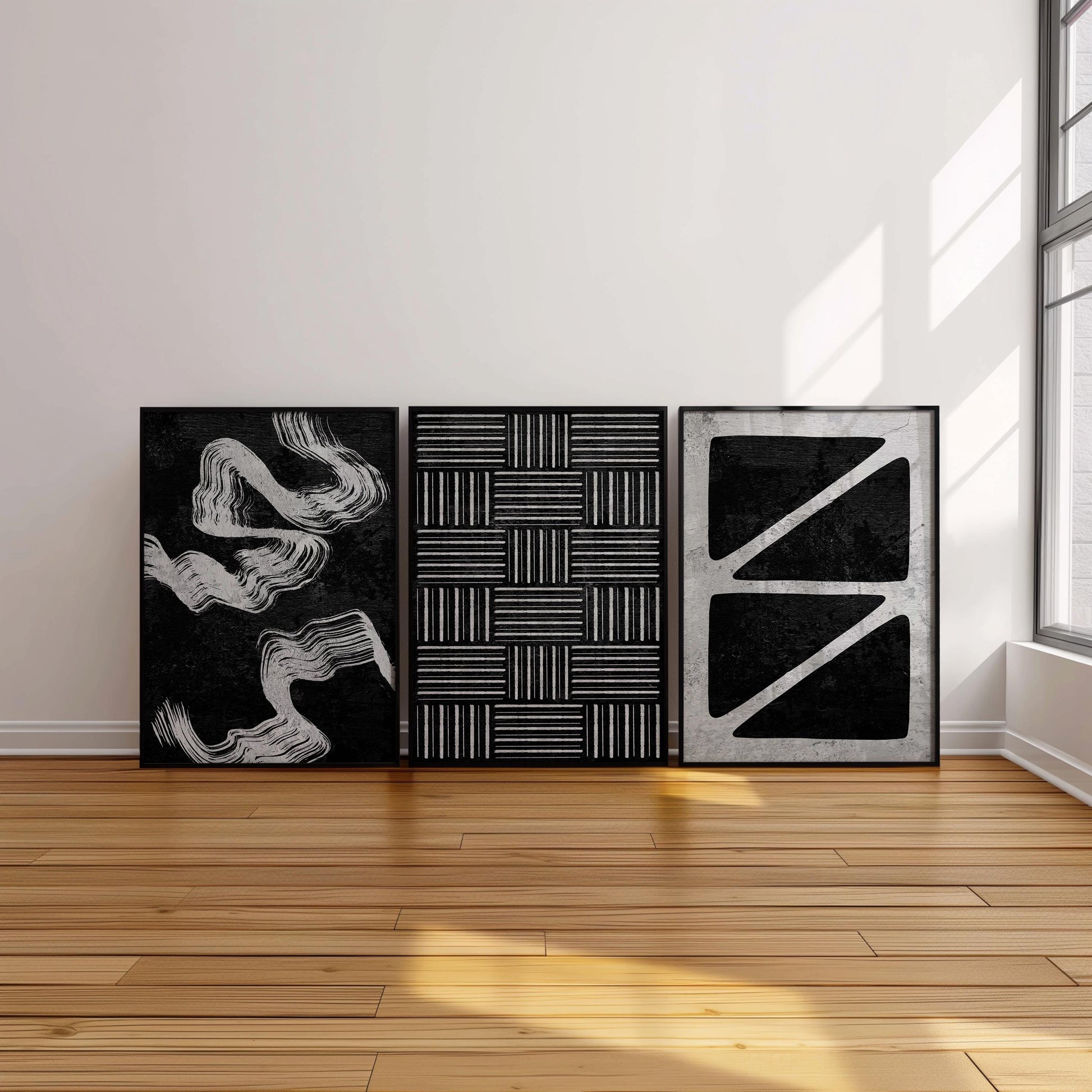Monochrome Abstract Wall Art Trio, Modern Geometric Prints for Japandi or Scandinavian Decor, Neutral Posters for Apartment Gallery Wall B77