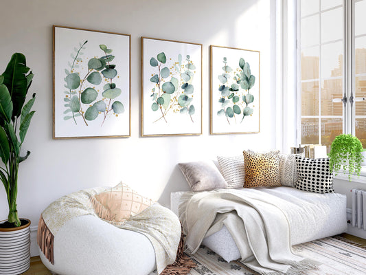 Eucalyptus Wall Art Set of 3: Gold Accent Botanical Prints F3