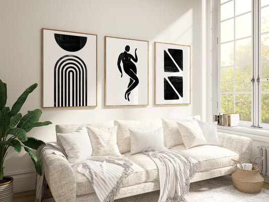 Minimalist Black and White Wall Art Set – Abstract Geometric Prints with Feminine Silhouette for Bedroom, Gallery Wall or Modern Decor B070